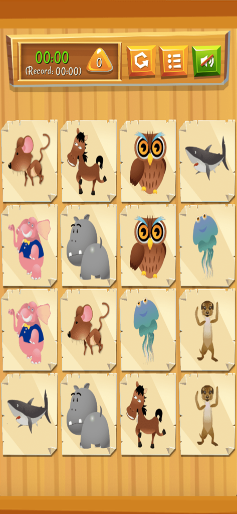 Memory Cartoon - Animals - Cartoon animal card matching memory game interface