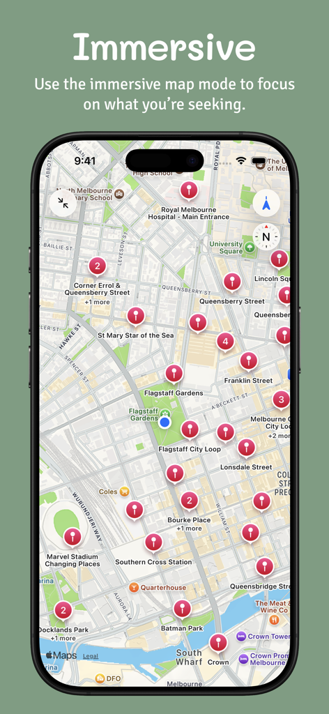 Public Toilets Australia - メルボルン全域の施設アイコンを表示する没入型地図ビューを表示するPublic Toilets Australiaアプリ