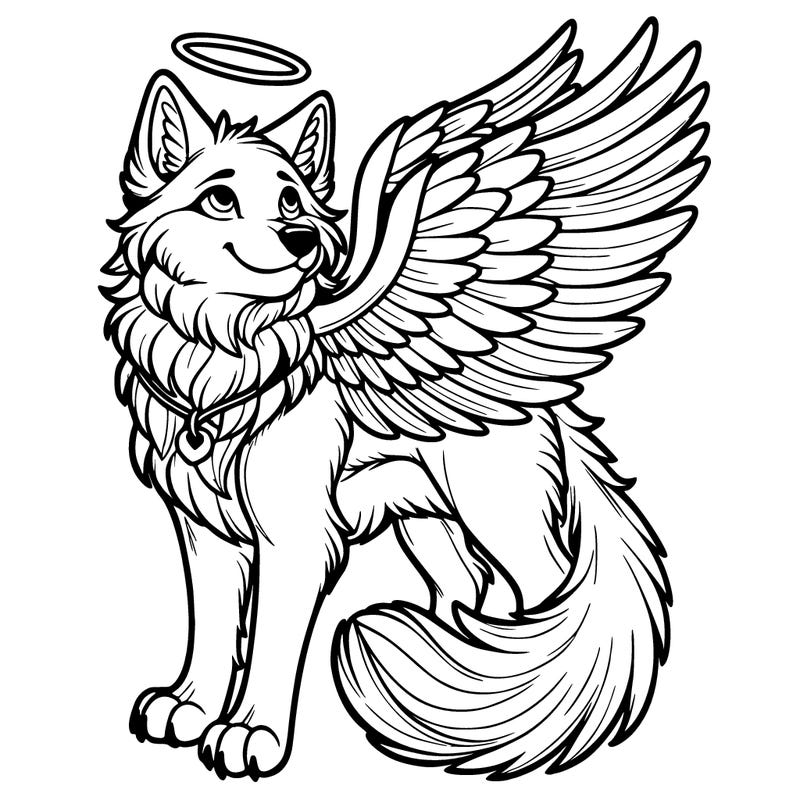 realistic wolf with wings and a halo