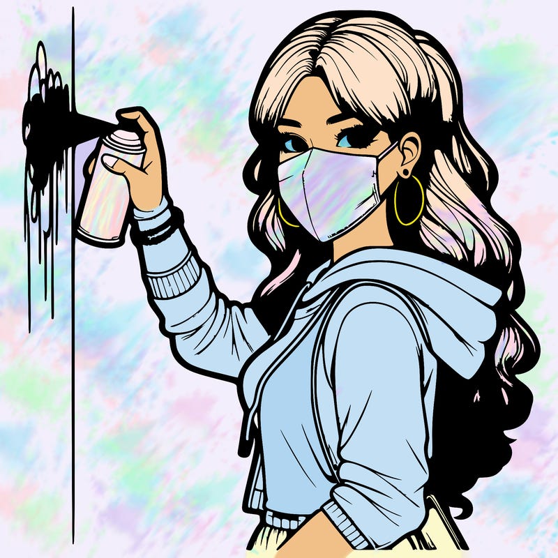 realistic girl with mask spray painting a wall