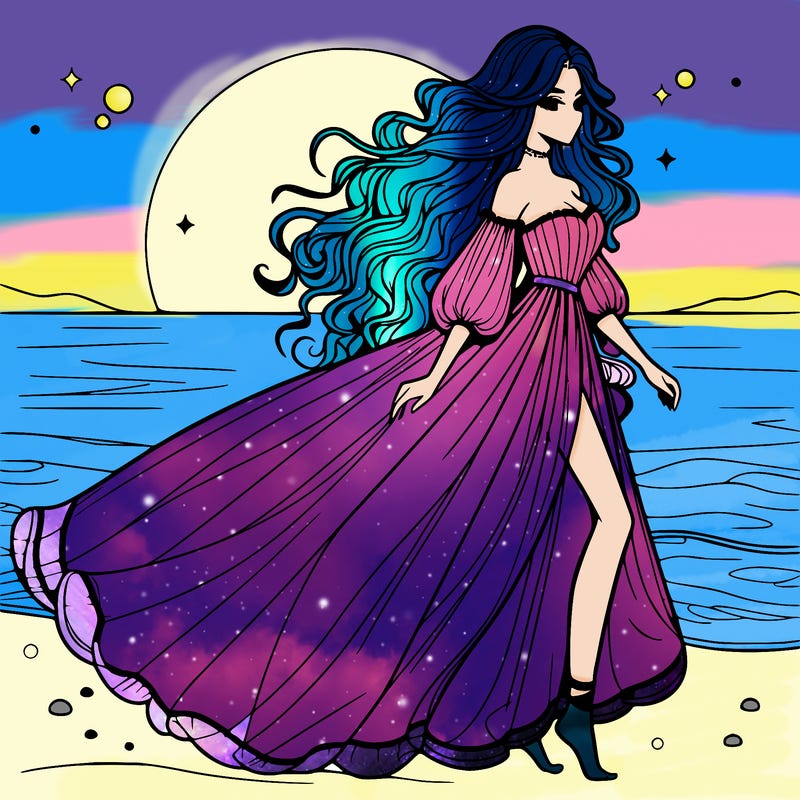 beautiful woman with a vaporous long dress walking on the beach at the noon, detailed art