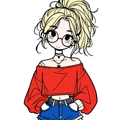 girl with a messy ponytail glasses a baggy crop top and jean shorts