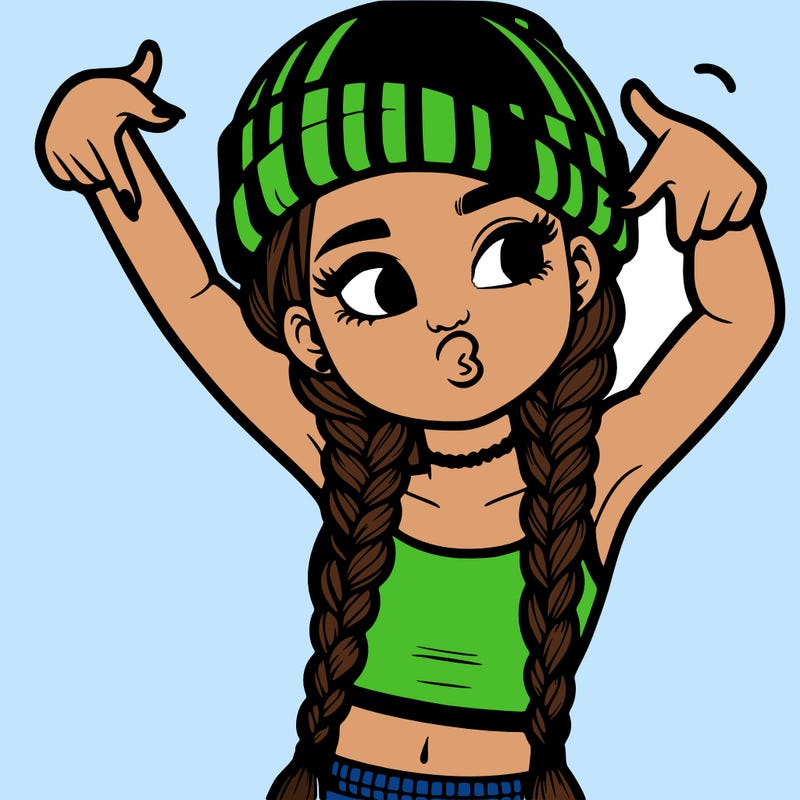 realistic teenage girl with braids and a beanie and crop top doing 🫶🏼