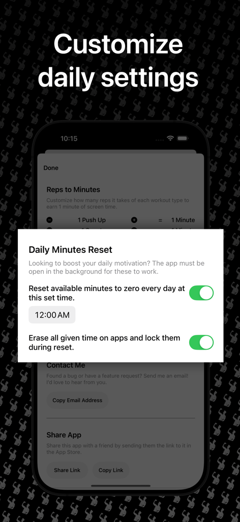 Paramètres de réinitialisation quotidienne des minutes et de verrouillage des applications dans l'application Fit to Scroll.