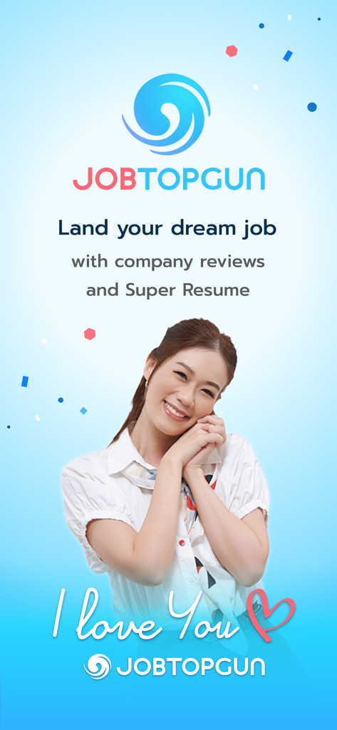 Promotional screen for the JOBTOPGUN app featuring a smiling professional woman and text about landing a dream job with company reviews and Super Resume