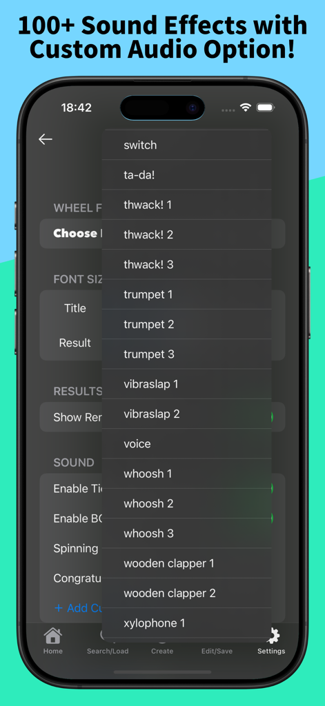 A mobile screenshot showing a menu of over 100 sound effect options for customizing a decision wheel app.