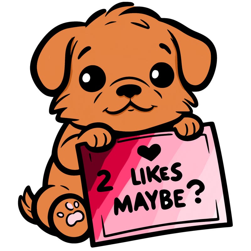 a puppy holding a sign that says 2 likes maybe?