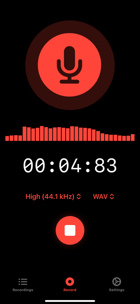 Recording screen of Audio Recorder Pro app with a red waveform, timer, and high-quality WAV settings
