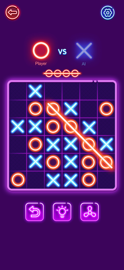 Gameplay di Tris su una griglia neon 6x6 con simboli X blu luminosi e O arancioni