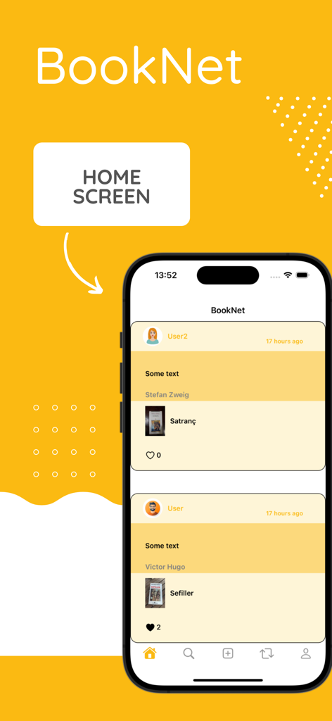 BookNet - Home screen of the BookNet app showing a social feed of books shared by users for swapping