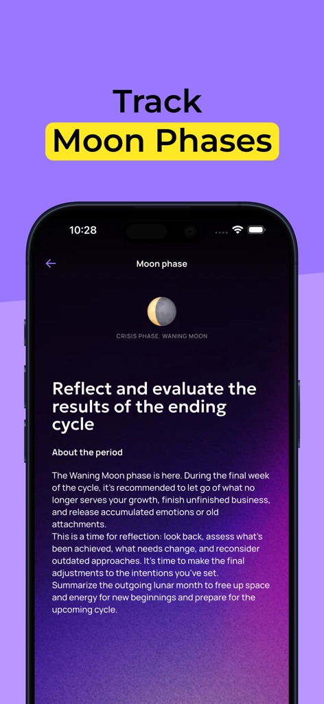 Interfaz de la aplicación Stargaze que muestra el seguimiento de las fases lunares y conocimientos astrológicos para el ciclo de la luna menguante.