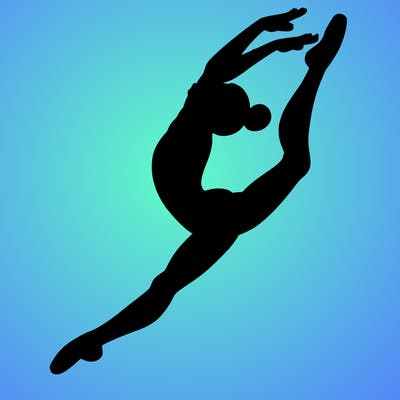 gymnast doing a leap in a leotard with a bent back leg
