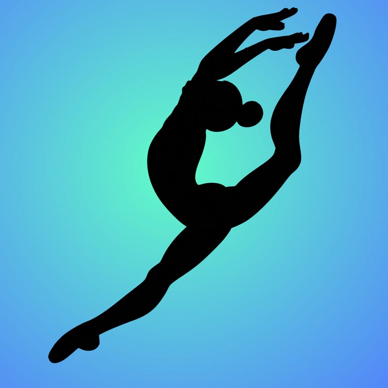 gymnast doing a leap in a leotard with a bent back leg