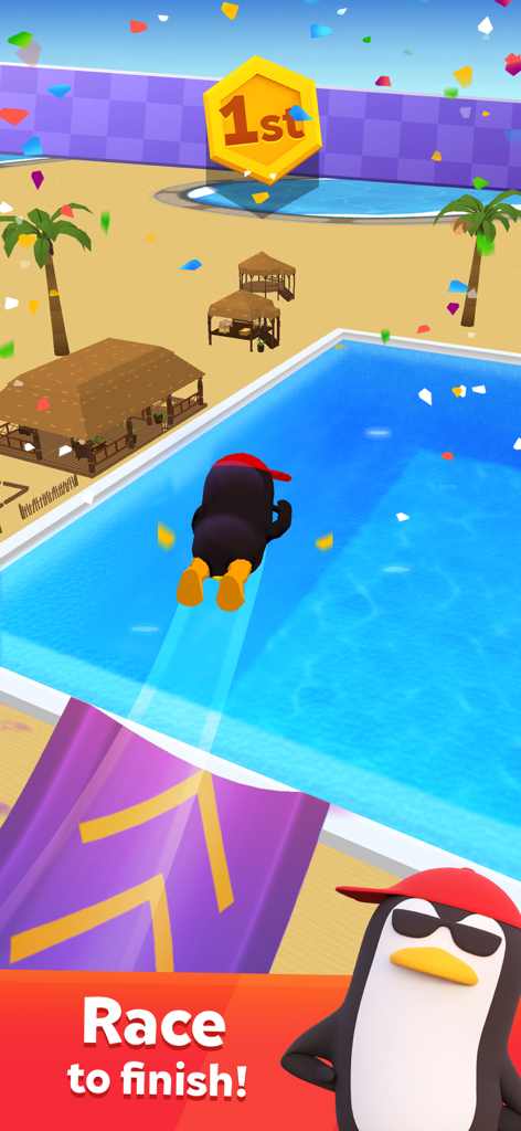 A penguin character wearing a red hat and sunglasses dives into a swimming pool at a sunny water park in the game aquapark.io