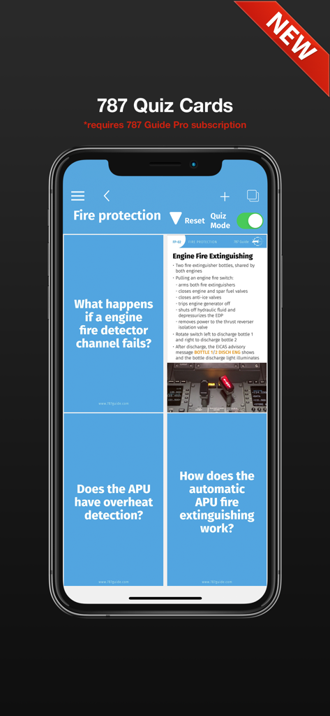 Cartes de quiz interactives sur la protection incendie dans l'application mobile 787 Guide