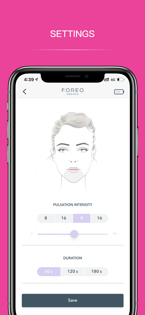 FOREO For You - FOREO For Youアプリのインターフェース。振動強度とトリートメント時間のためのカスタマイズ可能なデバイス設定が表示されています。