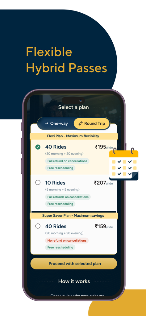 Cityflo mobile app screen showing various subscription plans and flexible hybrid pass options for premium bus commuting.