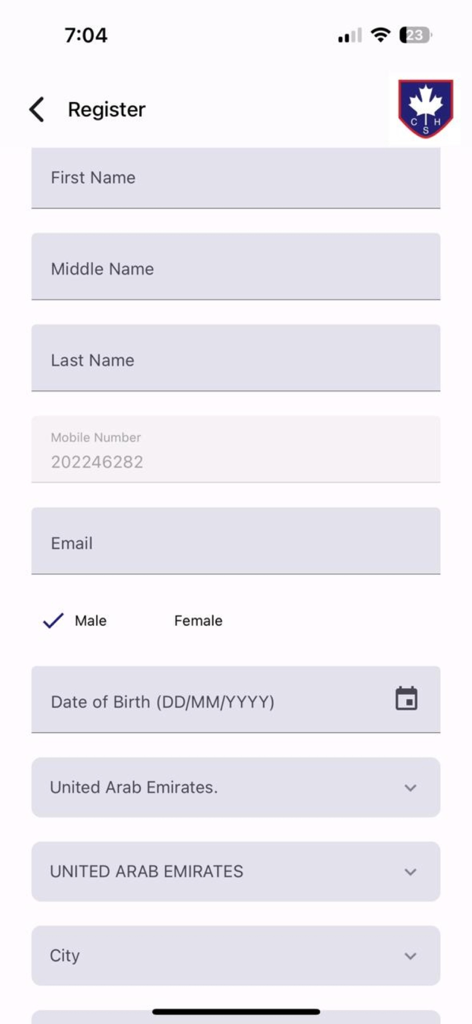 Formulário de registro para o aplicativo Canadian Specialist Hospital mostrando campos para nome, e-mail e data de nascimento