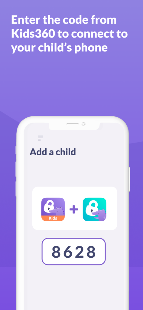 Setup screen showing a four digit code to connect the child app to the Kids360 parental control app.