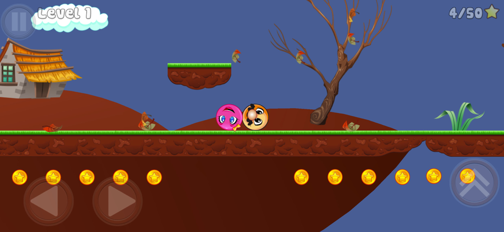 Orange ball with a hat and pink ball character in a level 1 platformer scene from the Hat BALL mobile game.