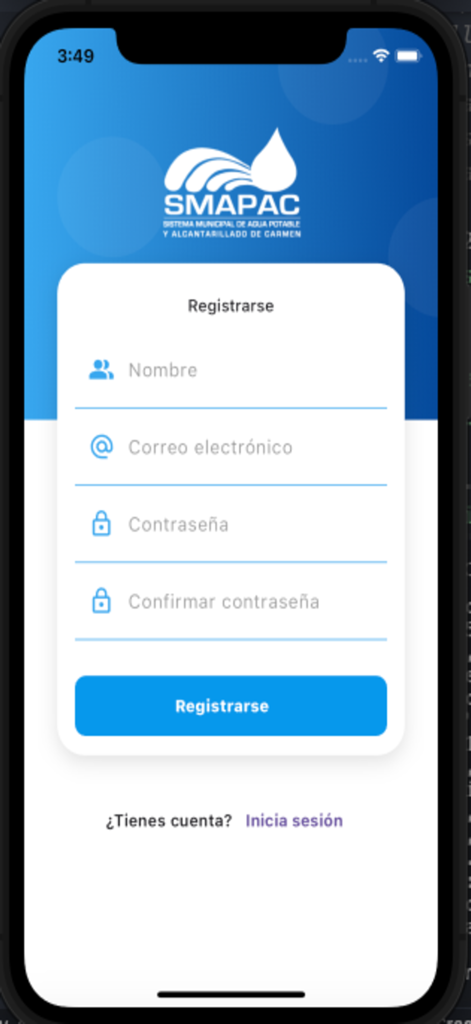 Registration screen for the SMAPAC CARMEN water utility app showing name email and password fields