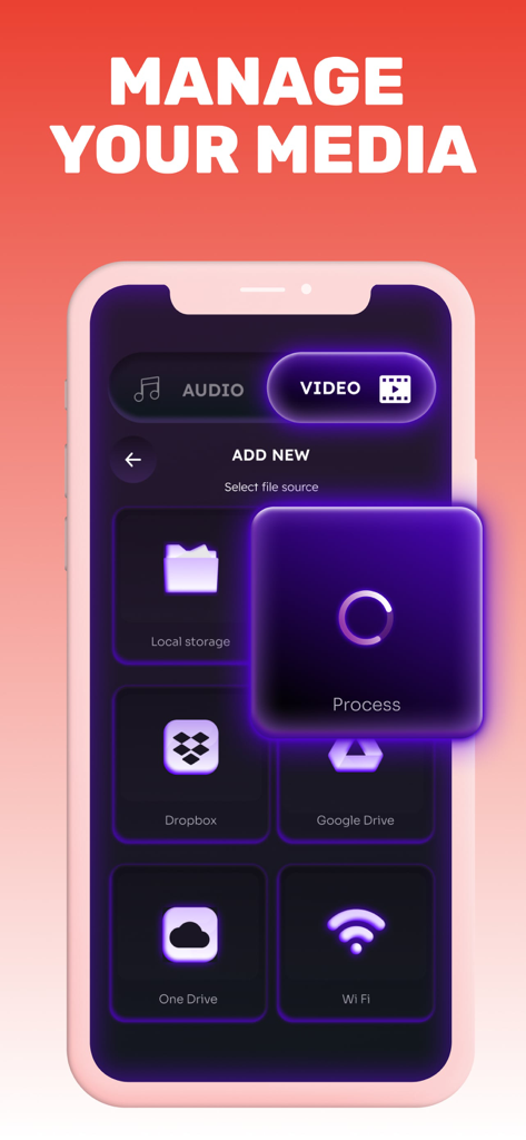 TubeMate app screen showing options to import video and audio files from local storage Dropbox and Google Drive