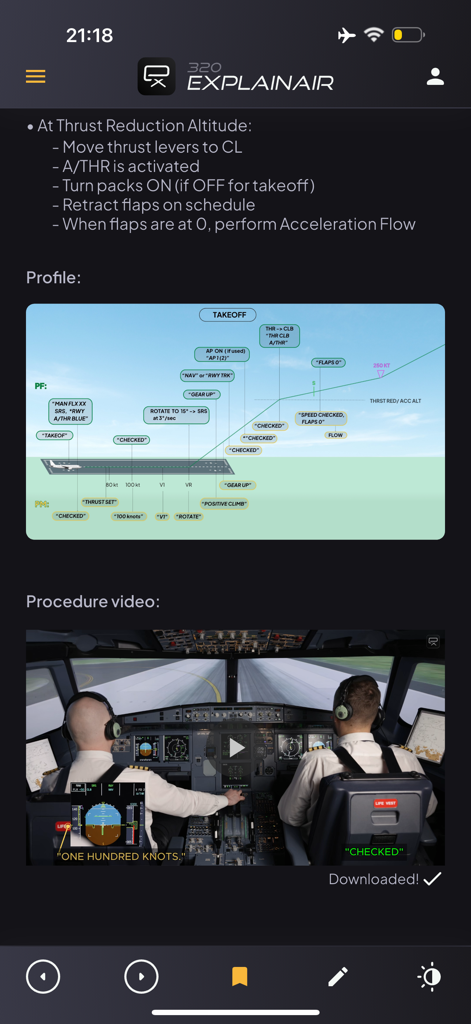 A320 ExplainAir app interface showing a takeoff flight profile diagram and a cockpit procedure video