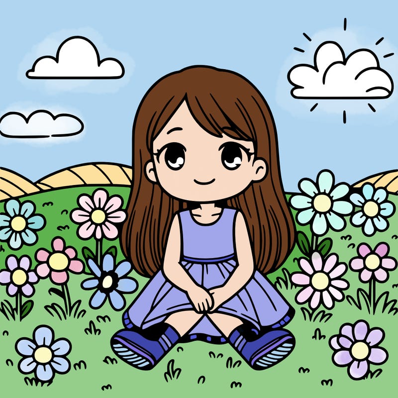 a girl sitting in a flower fild