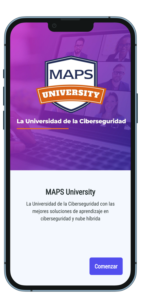 Welcome screen of MAPS University app for cybersecurity and hybrid cloud education