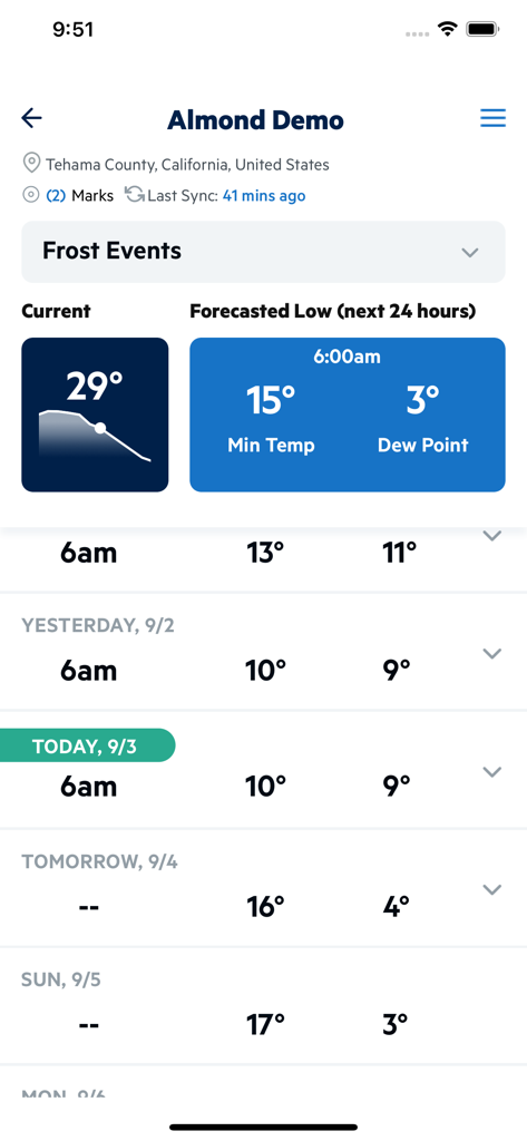 Application Arable Mobile montrant le suivi des événements de gel et les prévisions de température pour l'agriculture.