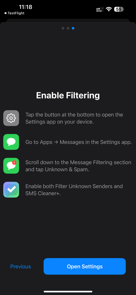 SMS Cleaner+ - Istruzioni per abilitare il filtraggio SMS nelle impostazioni dell'iPhone utilizzando SMS Cleaner plus