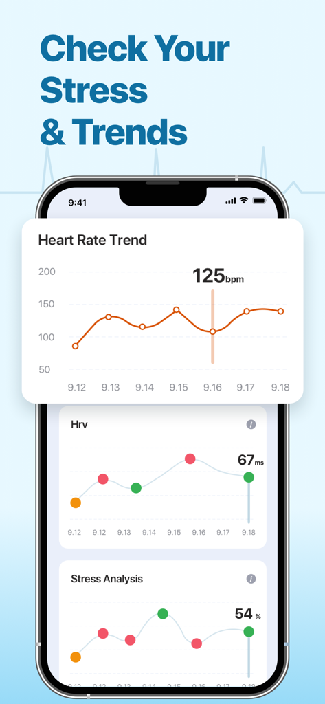 Heart Mate app interface showing heart rate HRV and stress analysis data trends on a smartphone