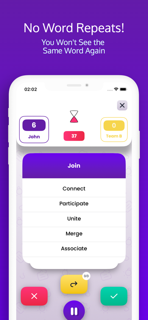 Tabuland: AI Powered Taboo - Captura de tela da jogabilidade do Tabu com IA Tabuland mostrando uma carta de adivinhação de palavras com palavras proibidas e uma mensagem de sem repetição de palavras