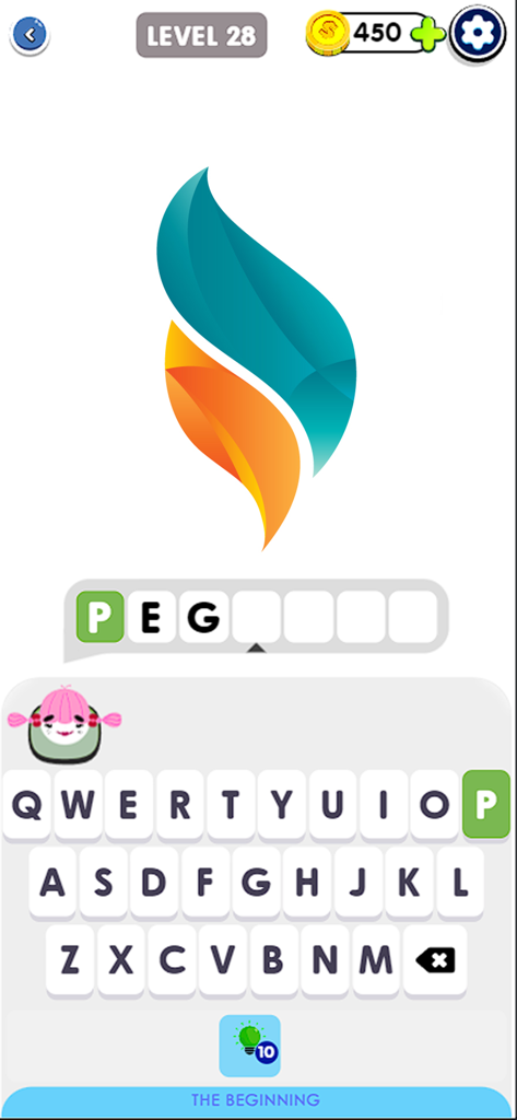Logo Quiz: Guess Brands 2026 - Gameplay screen of Logo Quiz Guess Brands showing Level 28 with a teal and orange abstract logo and a word puzzle
