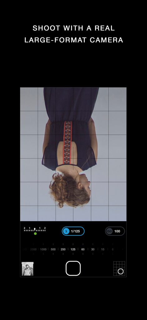 Darkr app manual large format camera interface with upside down viewfinder and exposure settings