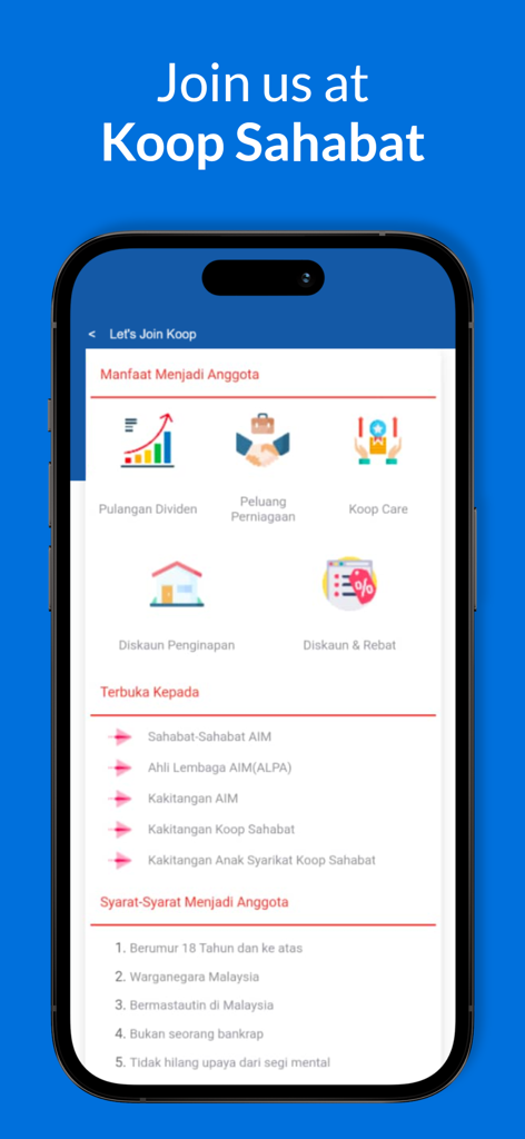 Sahabat Super App - The Sahabat Super App membership registration screen showing benefits such as dividend returns and business opportunities.