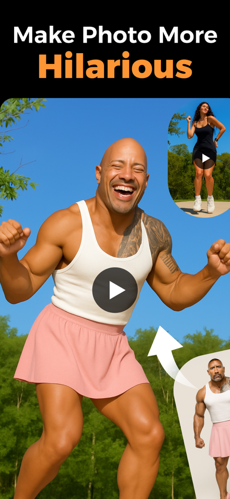 AI Dance Video - AI Face Dance - App interface showing a muscular man in a pink skirt dancing to demonstrate AI dance video transformation