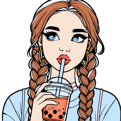 realistic girl with braided hair drinking boba