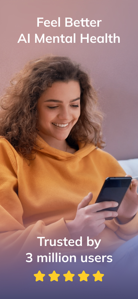Youper: AI Mental Health - Una mujer joven sonriendo mientras usa la aplicación de asistencia de salud mental Youper AI en su smartphone