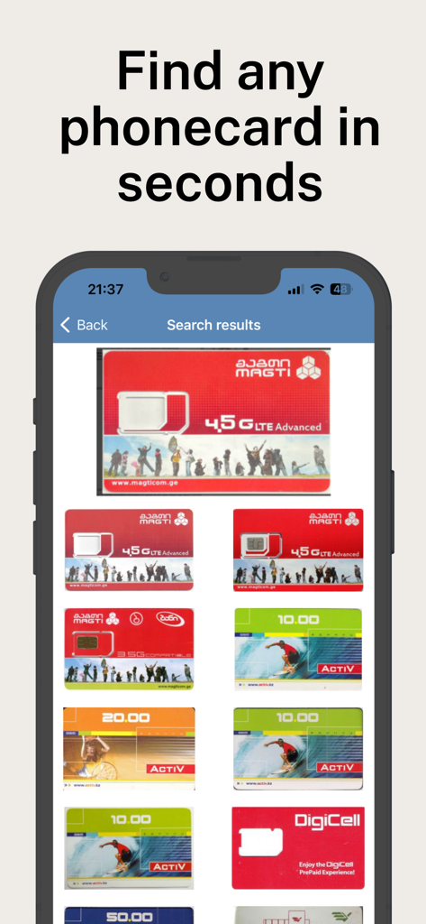 Phonecard Identifier app displaying search results for various international phone cards