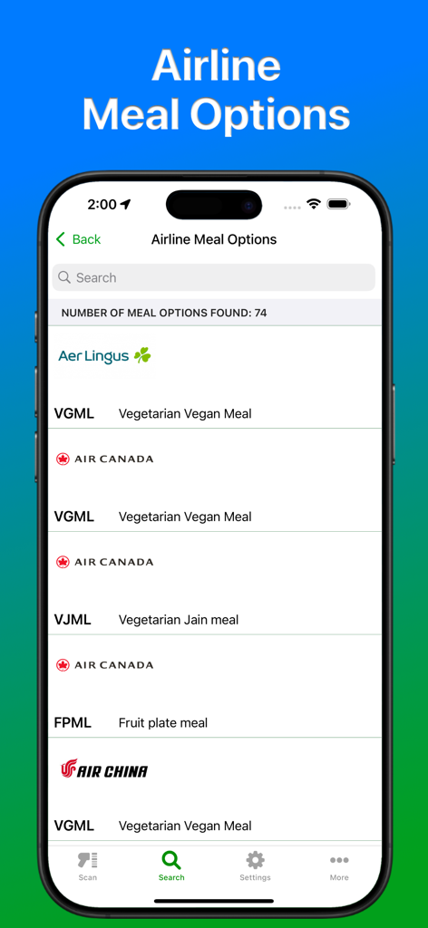 Fussy Vegan Pro - Screenshot of the Fussy Vegan Pro app showing a list of vegan meal options for different airlines like Aer Lingus and Air Canada.