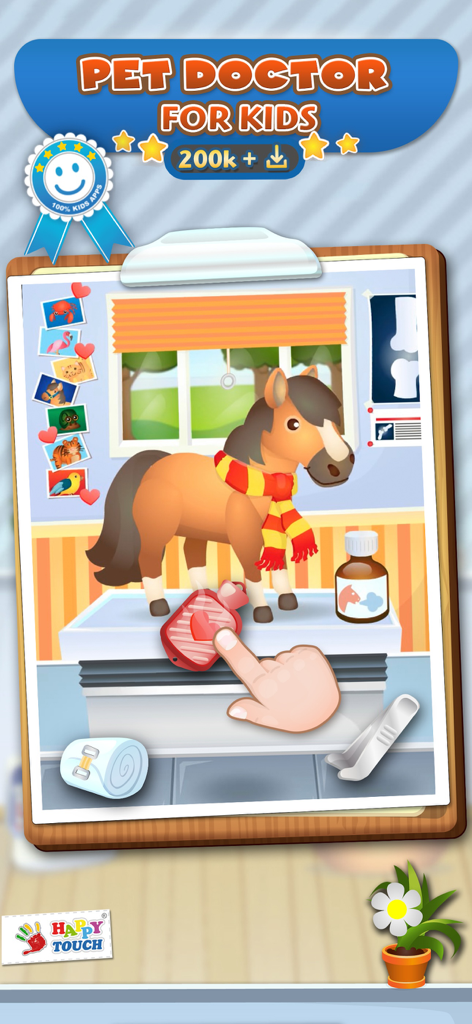 Pet Doctor Happytouch - Gameplay of Pet Doctor for Kids app showing a cartoon horse receiving treatment in a veterinary clinic.