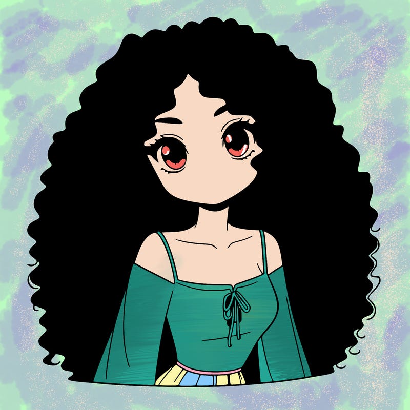 a black anime girl with long afro hair