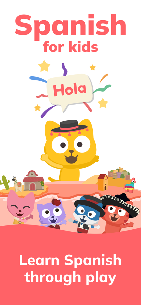 Learn Spanish – Studycat - Gatos caricaturizados con sombreros y vestimenta tradicional promoviendo el aprendizaje del idioma español para niños con un bocadillo de diálogo que dice Hola.
