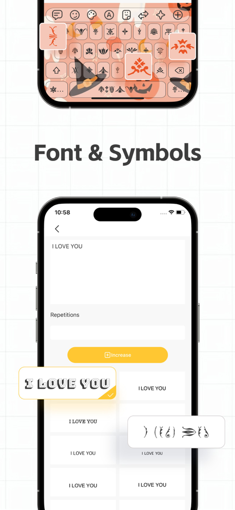 Fonts - Stickers Keyboard - Una interfaz móvil que muestra estilos de fuente personalizados y un teclado temático de Halloween con símbolos decorativos