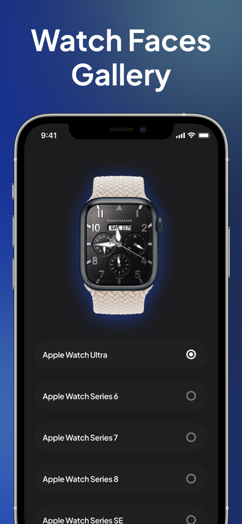 iPhoneにWatch Faces Galleryアプリが表示され、Apple Watchモデルの選択リストが表示されている