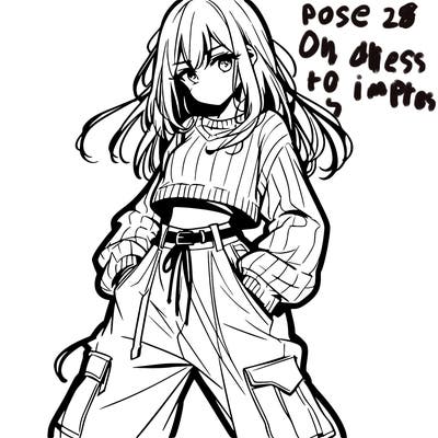 anime teen girl with baggy pants and crop top with sweater