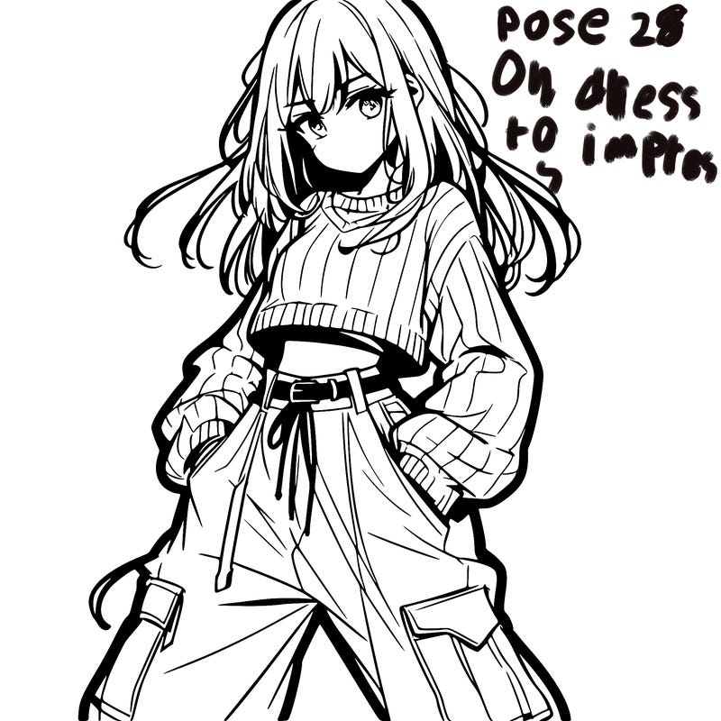 anime teen girl with baggy pants and crop top with sweater