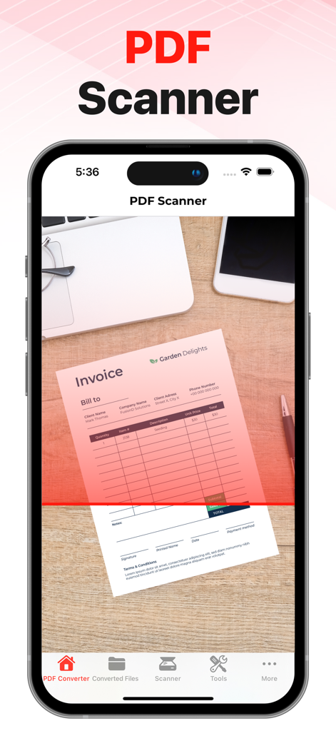 PDF Converter Ai• WORD to PDF - Tela do iPhone mostrando o aplicativo digitalizando uma fatura em papel em um documento PDF
