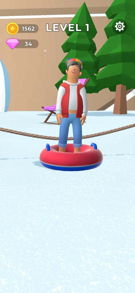 Personaje de pie sobre un trineo de dona rojo en un entorno nevado en el Nivel 1 de Sled Surfers